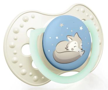 Schnuller Fuchs schläft mit Stern, creme - milchblau, Ring leuchtet